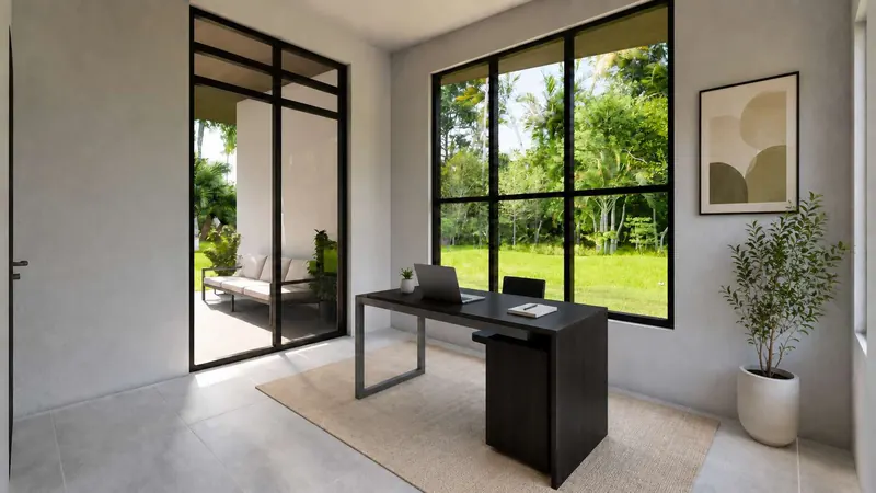 Estudio con ventanales al jardín